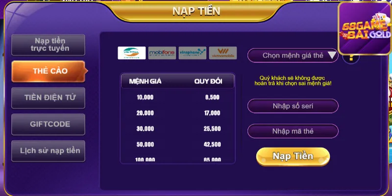 3 bước nạp tiền 68 game bài thông qua thẻ cào điện thoại